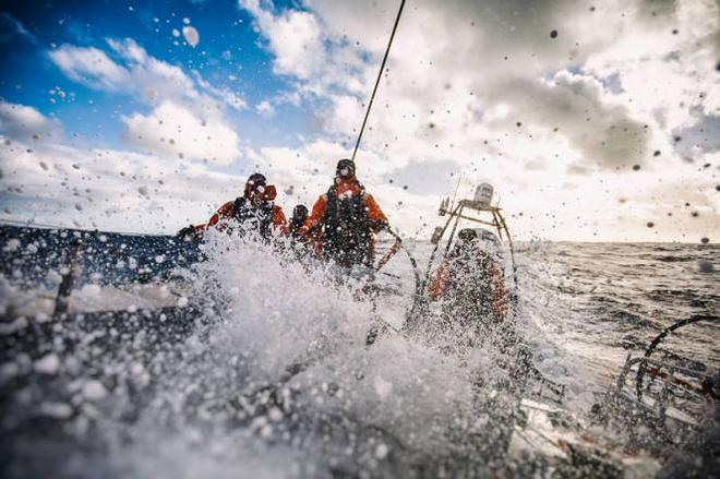 Onboard Team Alvimedica - Typically wet downwind sailing conditions keep everyone in the back of the boat,but never free from the ocean's reach - Leg five to Itajai -  Volvo Ocean Race 2015 ©  Amory Ross / Team Alvimedica